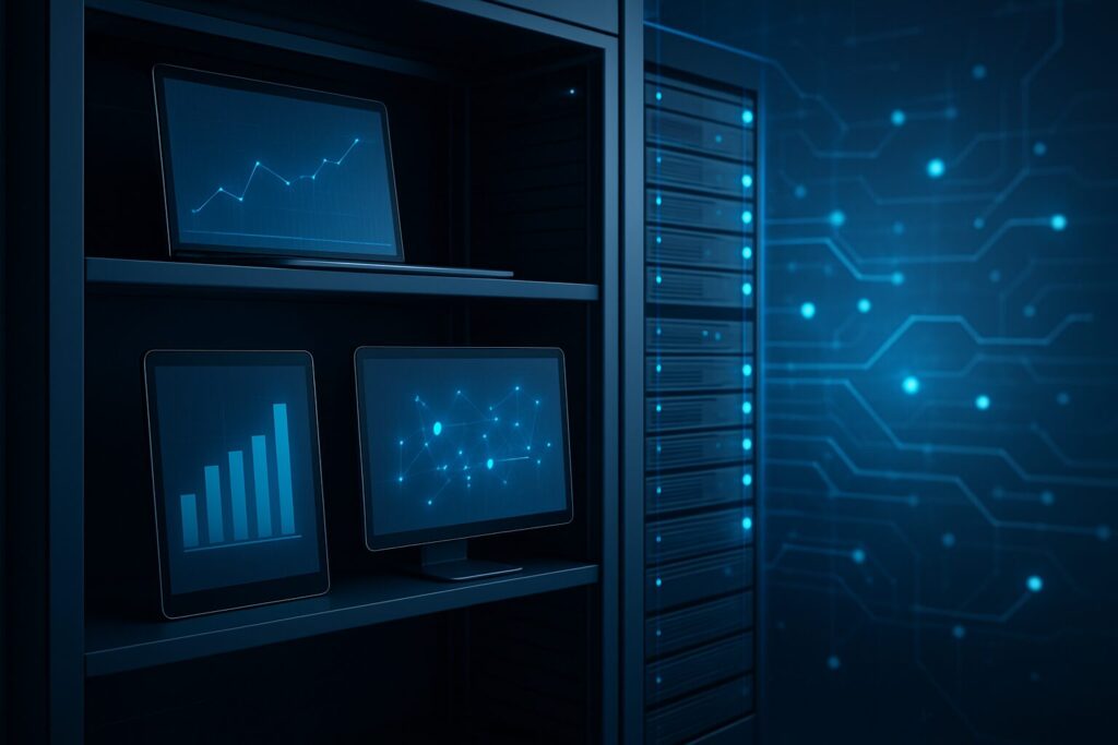 A modern digital archive setup featuring multiple screens displaying data visualizations