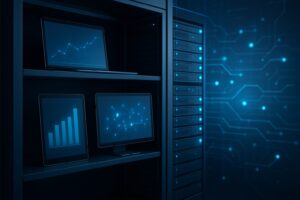 A modern digital archive setup featuring multiple screens displaying data visualizations
