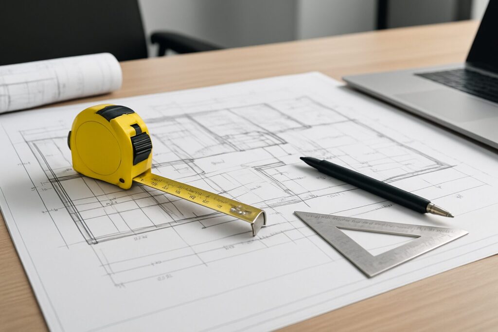 Close-up of a measuring tape, architectural plans, and drafting tools on a desk