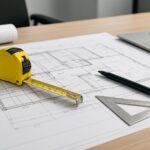 Close-up of a measuring tape, architectural plans, and drafting tools on a desk