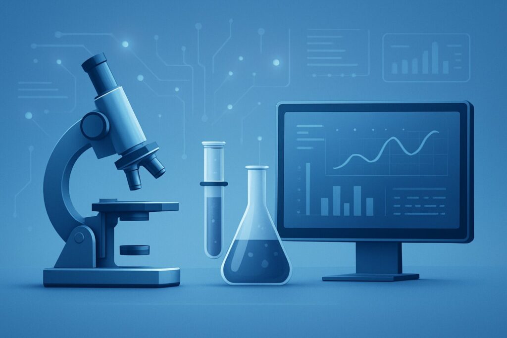 Microscope, laboratory glassware, and computer screen displaying graphs in a scientific setting