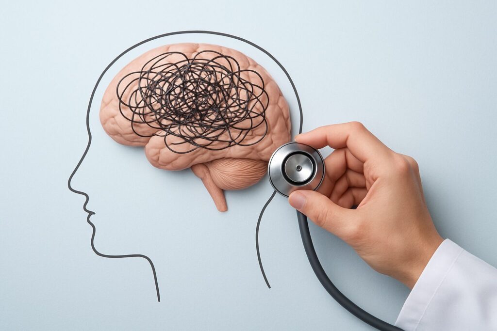 Illustration of a brain with tangled lines representing obsessive thoughts and a stethoscope nearby.