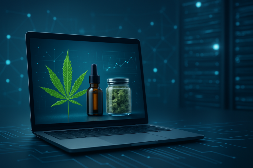 A laptop displaying a cannabis leaf, an oil bottle, and a jar of cannabis on a digital background.