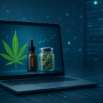 A laptop displaying a cannabis leaf, an oil bottle, and a jar of cannabis on a digital background.