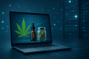 A laptop displaying a cannabis leaf, an oil bottle, and a jar of cannabis on a digital background.