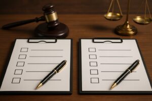 Two clipboards with checkboxes and pens next to a gavel and scales of justice on a wooden desk.
