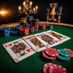 Close-up of playing cards and poker chips on a green felt table